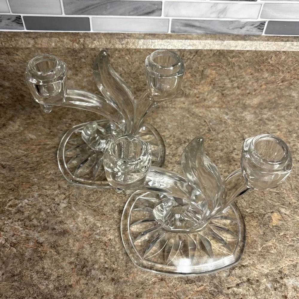 VTG PAIR (2) of FOSTORIA CRYSTAL CLEAR ‎ BAROQUE  DOUBLE CANDELABRAS